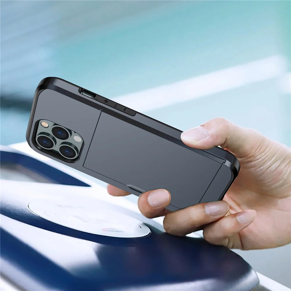 Slide Card Holder Phone Cover for iPhone 15 Pro , TPU + PC Dual Layer Phone Protective Case - Navy Blue - 7
