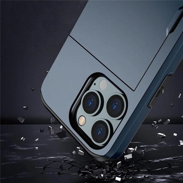 Phone Case with Slide Card Holder for iPhone 15 Pro Max , Anti-scratch TPU + PC Phone Cover - Navy Blue - 6