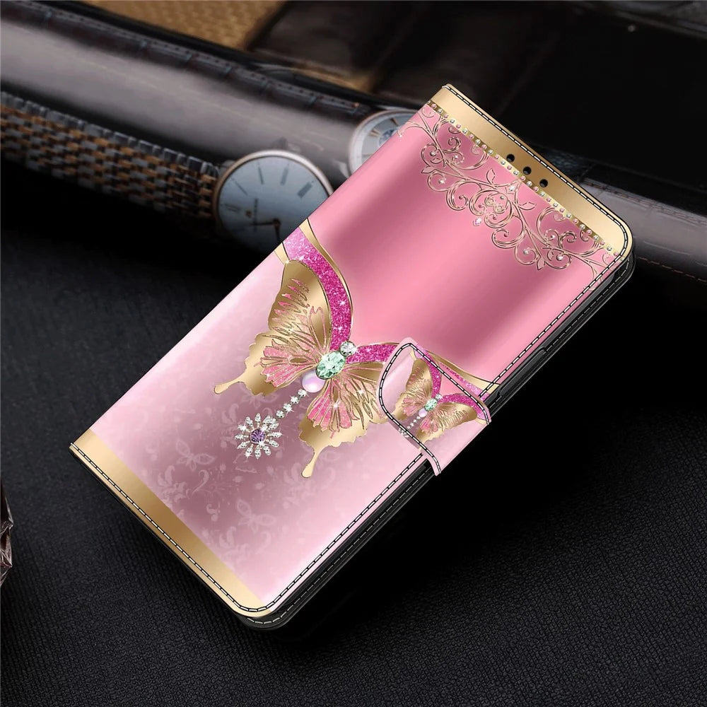 For Samsung Galaxy S23 Ultra 3D Pattern Phone Case PU Leather Wallet Stand Cover - Pink / Gold Butterfly - 5
