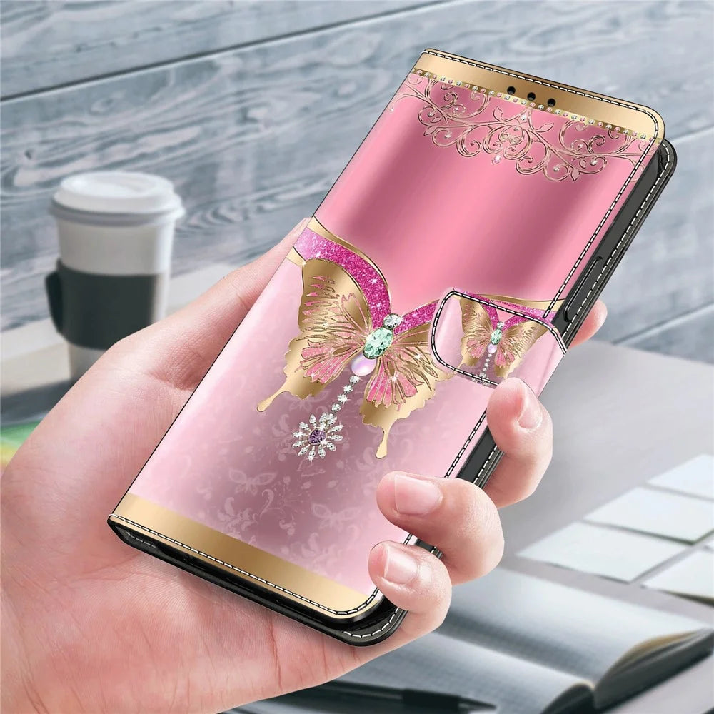 For Samsung Galaxy S23 Ultra 3D Pattern Phone Case PU Leather Wallet Stand Cover - Pink / Gold Butterfly - 6