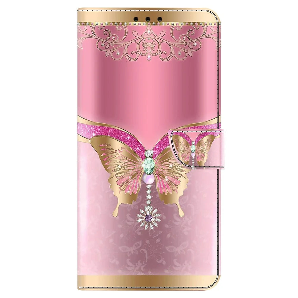 For Samsung Galaxy S23 Ultra 3D Pattern Phone Case PU Leather Wallet Stand Cover - Pink / Gold Butterfly - 7