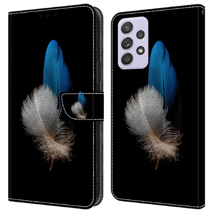 Wallet Case for Samsung Galaxy A52 4G / 5G / A52s 5G , PU Leather Stand 3D Pattern Printing Phone Cover - Two Feathers - 1