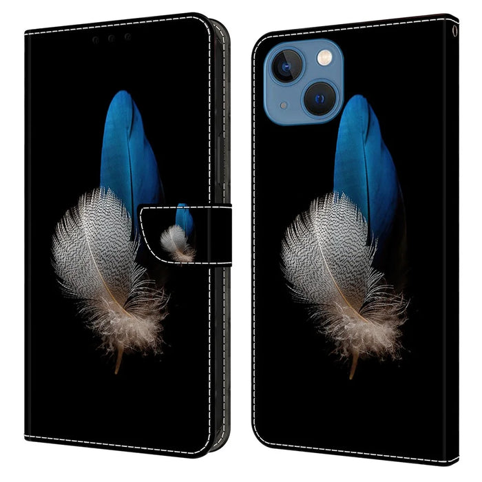 For iPhone 13 Wallet Case PU Leather Magnetic Closure 3D Pattern Stand Phone Cover - Two Feathers - 1