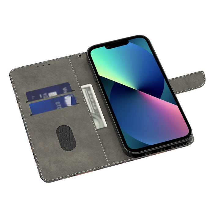 For iPhone 13 Wallet Case PU Leather Magnetic Closure 3D Pattern Stand Phone Cover - Two Feathers - 2
