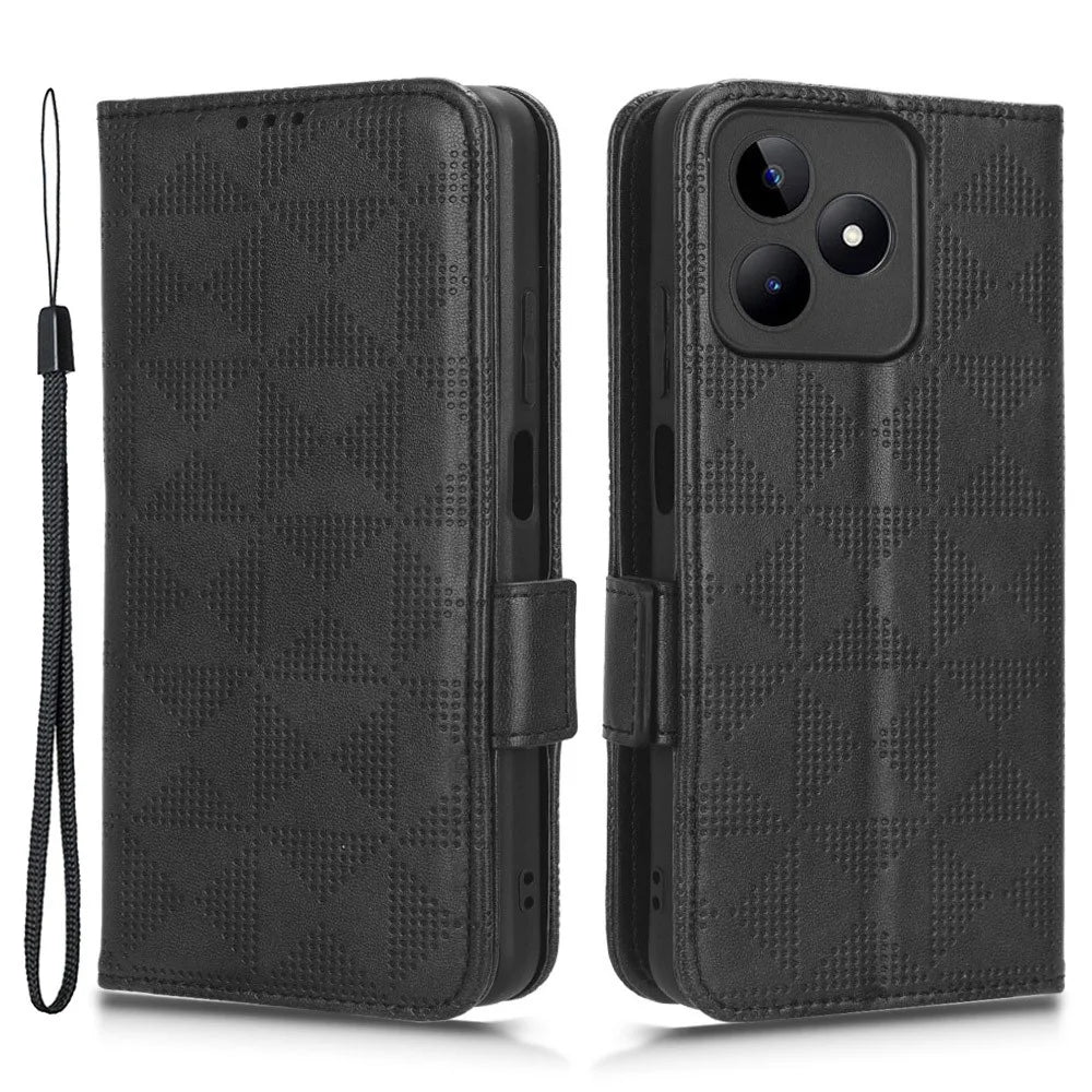 For Realme Narzo N53 4G / C53 (Global) / C53 (India) / C51 Cell Phone Cover Imprinted Triangle PU Leather Stand Wallet Case - Black - 1