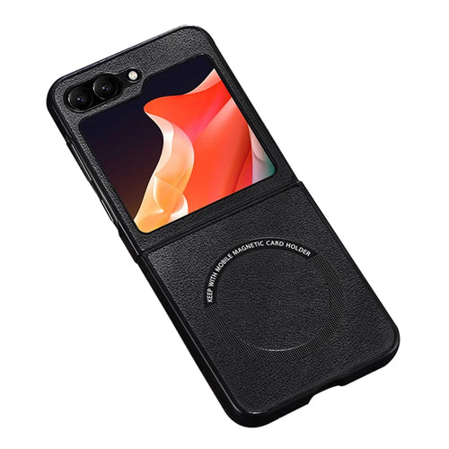 For Samsung Galaxy Z Flip5 5G Magnetic Case Compatible with Magsafe PU Leather Coated PC Phone Cover - Black - 1