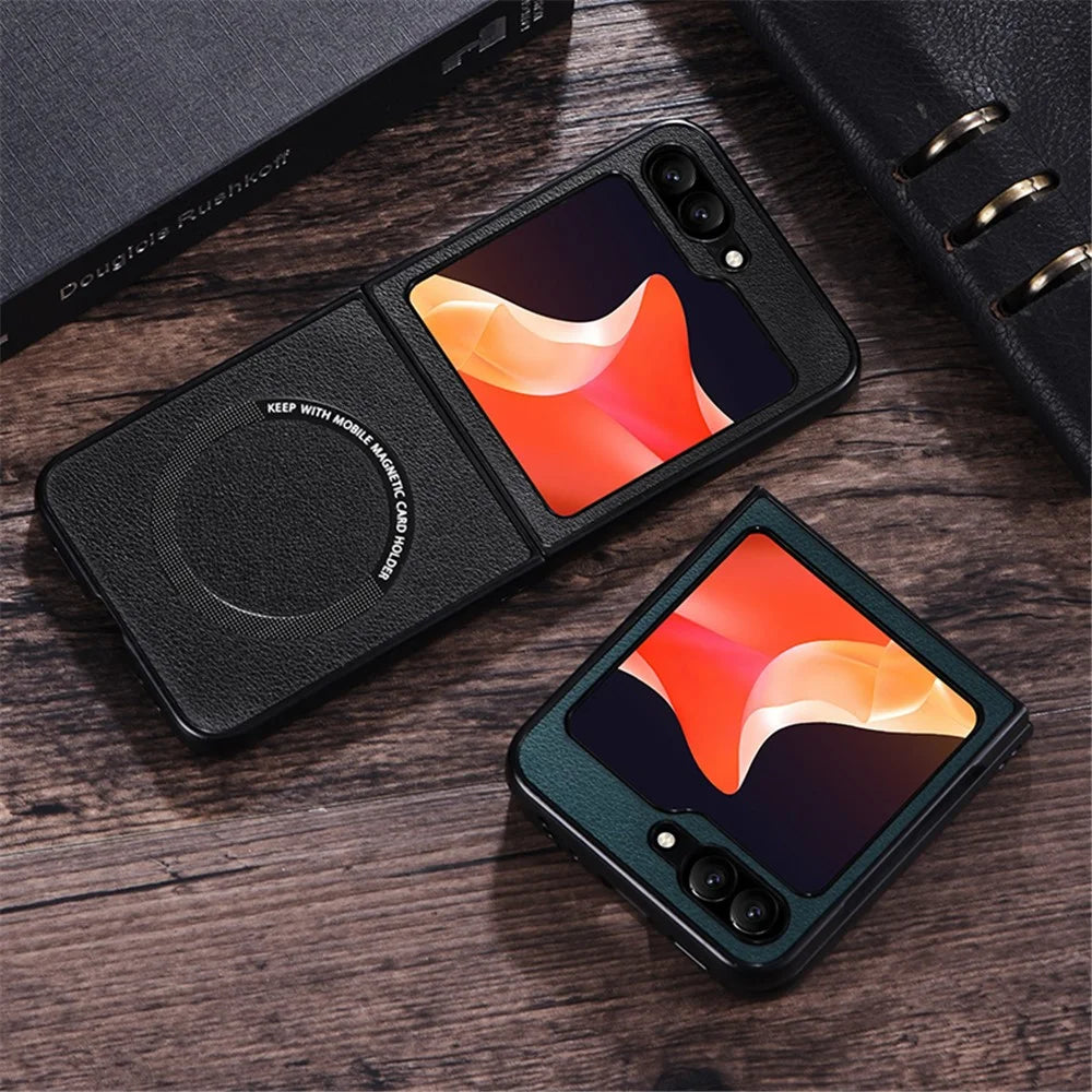 For Samsung Galaxy Z Flip5 5G Magnetic Case Compatible with Magsafe PU Leather Coated PC Phone Cover - Black - 3