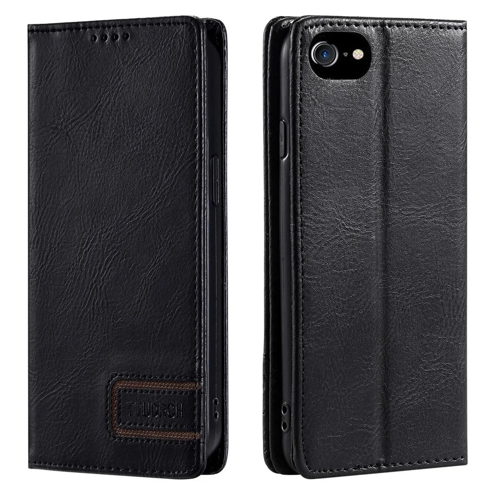 TTUDRCH Style 007 Wallet Case for iPhone 6 / 6s / 7 / 8 / SE (2020) / SE (2022) Stand RFID Blocking Leather Phone Cover - Black - 1