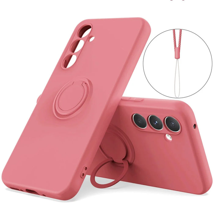 For Samsung Galaxy A54 5G Ring Kickstand Phone Case Liquid Silicone Cover with Wrist Rope - Red - 1