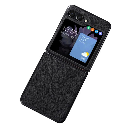 For Samsung Galaxy Z Flip5 5G Slim Phone Case Cowhide Leather + PC Non-Slip Shockproof Cover - Black - 1