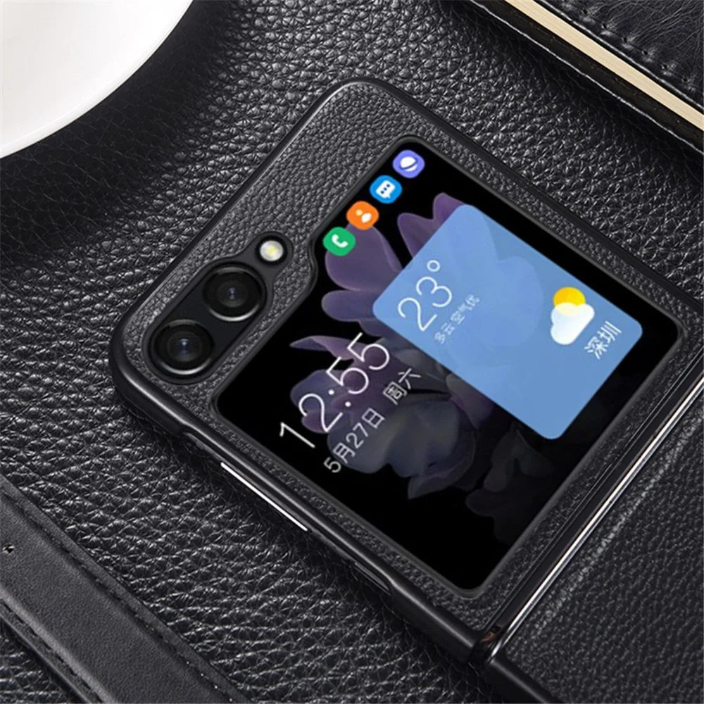 For Samsung Galaxy Z Flip5 5G Slim Phone Case Cowhide Leather + PC Non-Slip Shockproof Cover - Black - 3