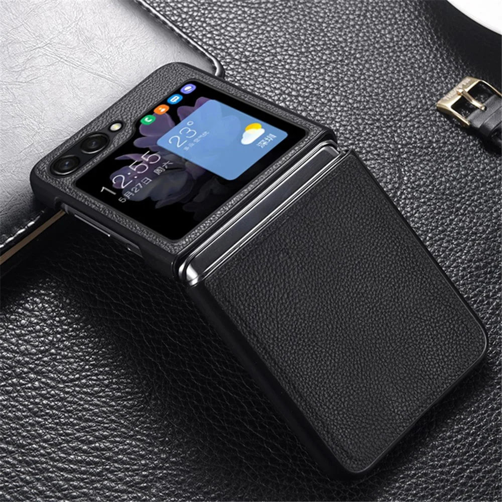 For Samsung Galaxy Z Flip5 5G Slim Phone Case Cowhide Leather + PC Non-Slip Shockproof Cover - Black - 4