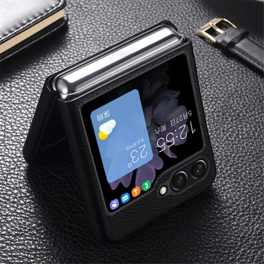 For Samsung Galaxy Z Flip5 5G Slim Phone Case Cowhide Leather + PC Non-Slip Shockproof Cover - Black - 5