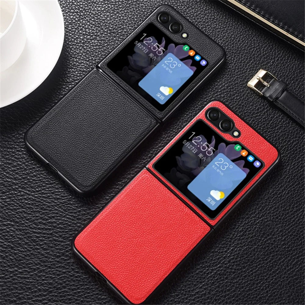 For Samsung Galaxy Z Flip5 5G Slim Phone Case Cowhide Leather + PC Non-Slip Shockproof Cover - Black - 6