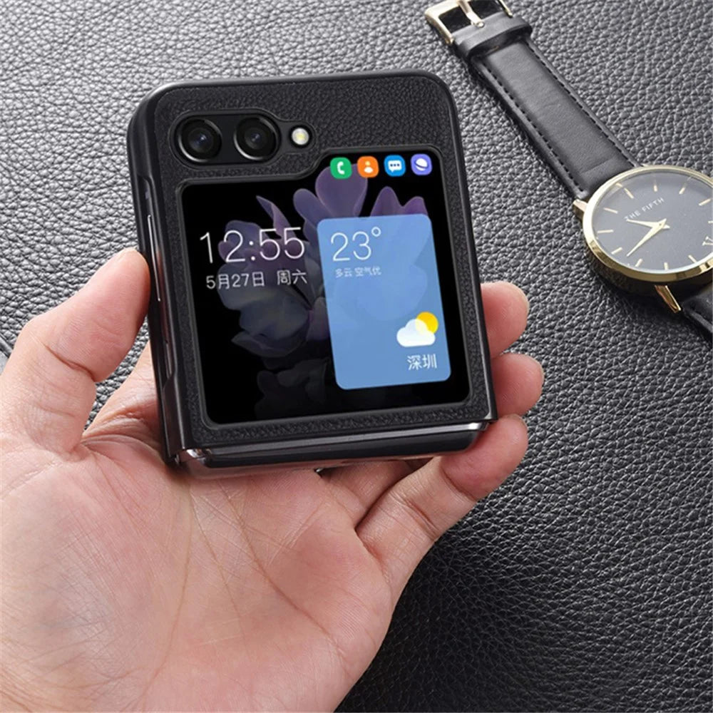 For Samsung Galaxy Z Flip5 5G Slim Phone Case Cowhide Leather + PC Non-Slip Shockproof Cover - Black - 7