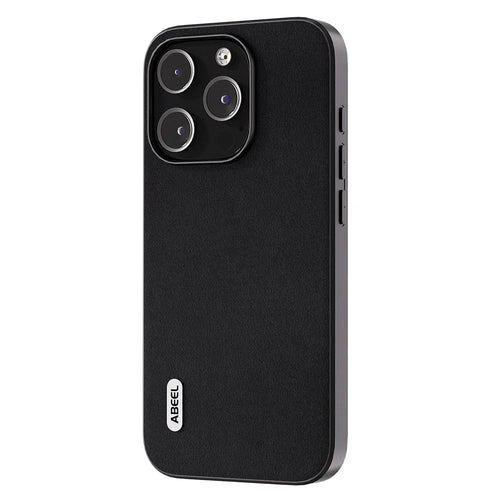 ABEEL For iPhone 15 Pro Max Phone Case Genuine Cow Leather Coated PC+TPU Nappa Texture Cover - Black - 1