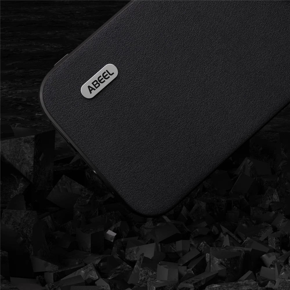 ABEEL For iPhone 15 Pro Max Phone Case Genuine Cow Leather Coated PC+TPU Nappa Texture Cover - Black - 4