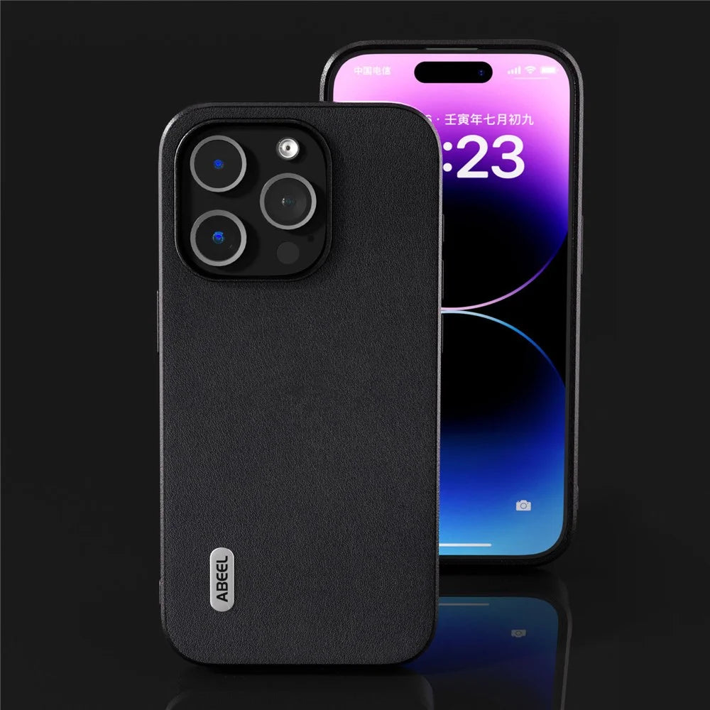 ABEEL For iPhone 15 Pro Max Phone Case Genuine Cow Leather Coated PC+TPU Nappa Texture Cover - Black - 5
