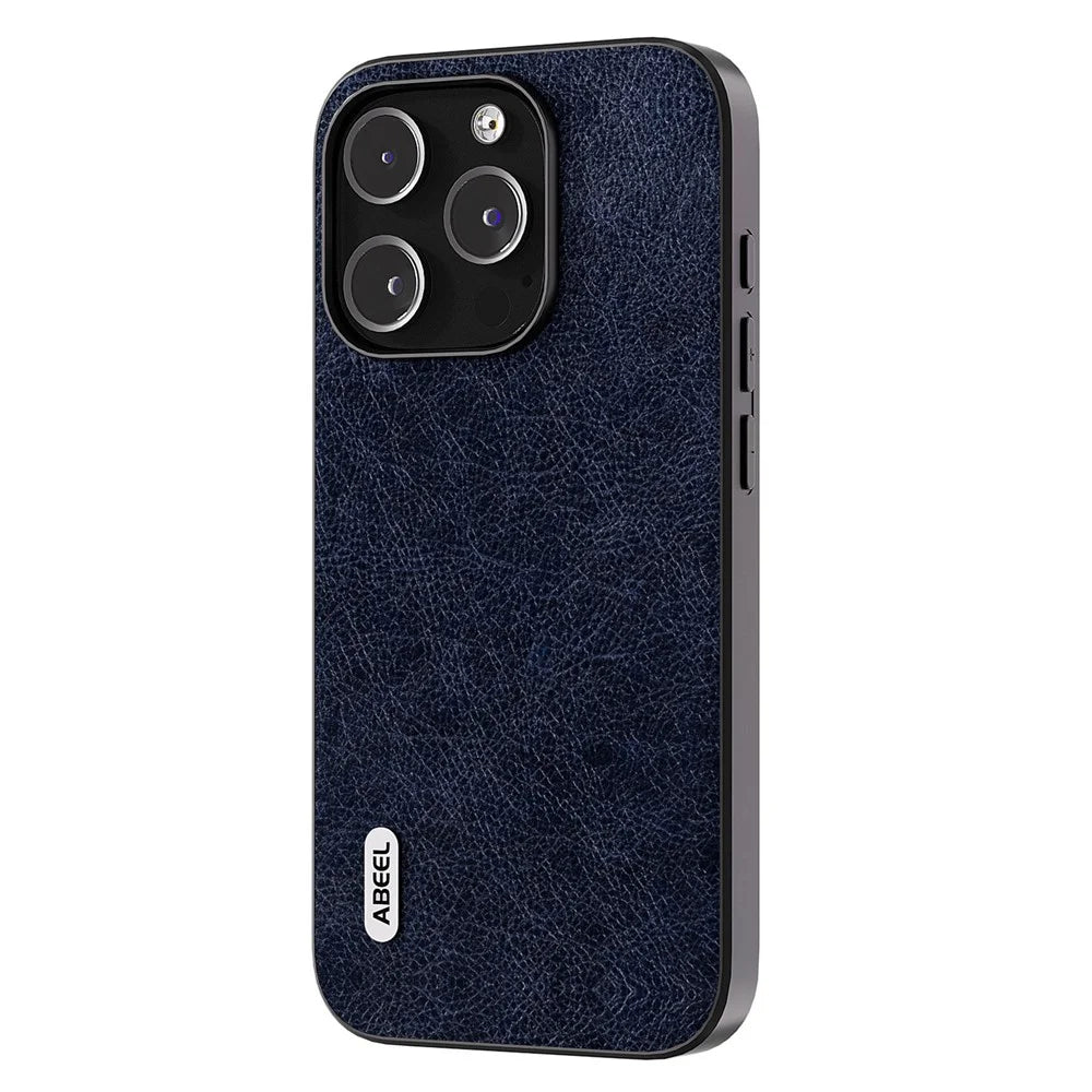 ABEEL For iPhone 15 Pro Max Retro Litchi Texture Phone Case PU Leather Coated PC+TPU Back Cover - Blue - 1
