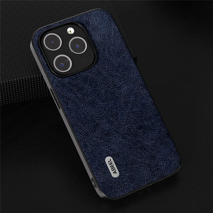 ABEEL For iPhone 15 Pro Max Retro Litchi Texture Phone Case PU Leather Coated PC+TPU Back Cover - Blue - 3