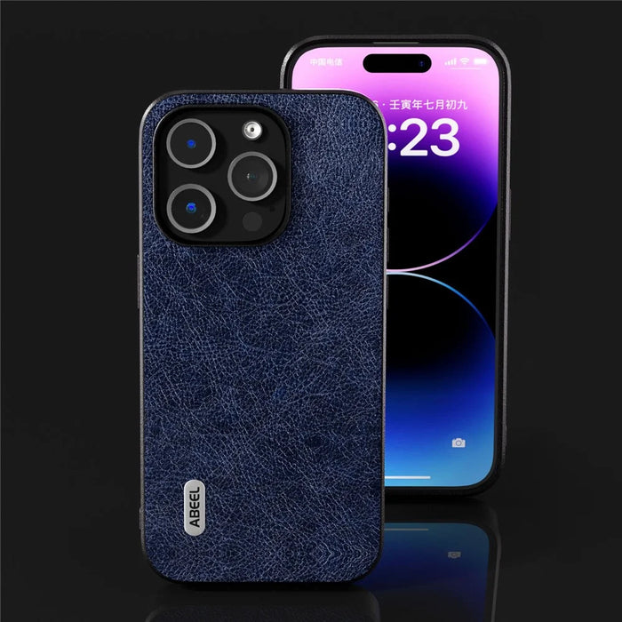 ABEEL For iPhone 15 Pro Max Retro Litchi Texture Phone Case PU Leather Coated PC+TPU Back Cover - Blue - 5