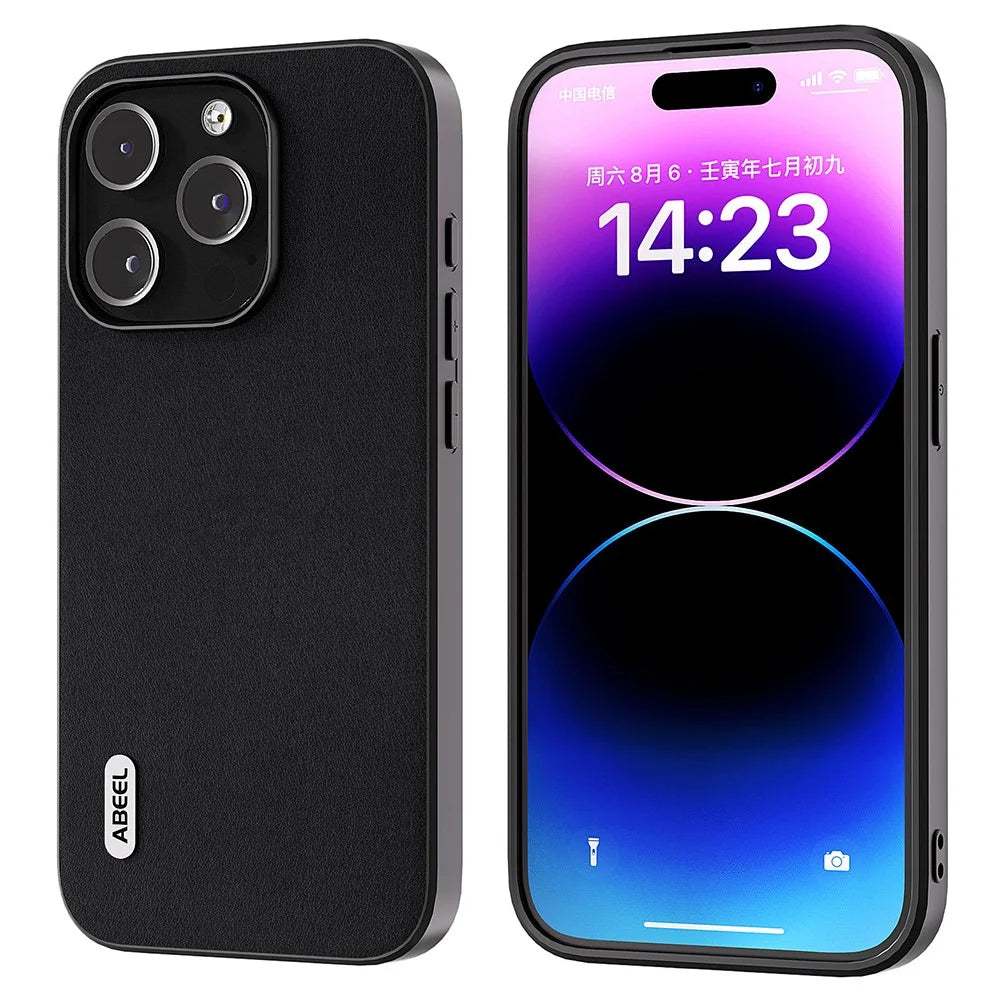 ABEEL For iPhone 15 Pro Nappa Texture Cell Phone Case Genuine Cow Leather+PC+TPU Cover - Black - 1