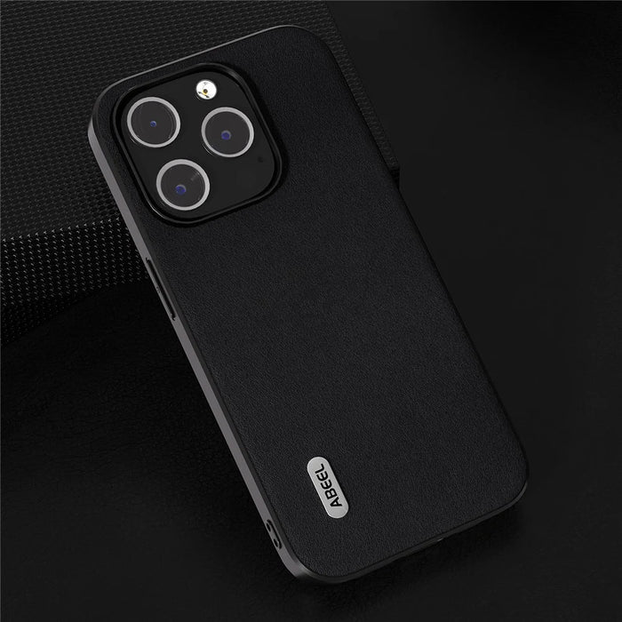 ABEEL For iPhone 15 Pro Nappa Texture Cell Phone Case Genuine Cow Leather+PC+TPU Cover - Black - 2