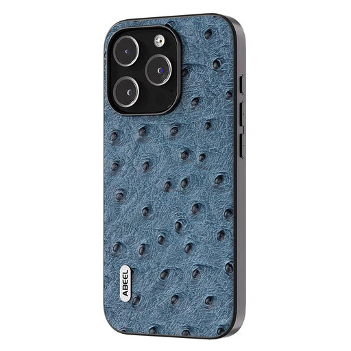 ABEEL Ostrich Texture Phone Case for iPhone 15 Pro Genuine Cow Leather Coated PC+TPU Cover - Blue - 1