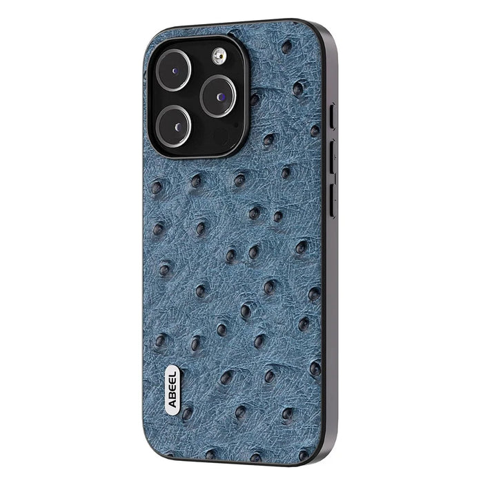 ABEEL Ostrich Texture Phone Case for iPhone 15 Pro Genuine Cow Leather Coated PC+TPU Cover - Blue - 1