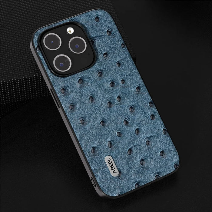 ABEEL Ostrich Texture Phone Case for iPhone 15 Pro Genuine Cow Leather Coated PC+TPU Cover - Blue - 3