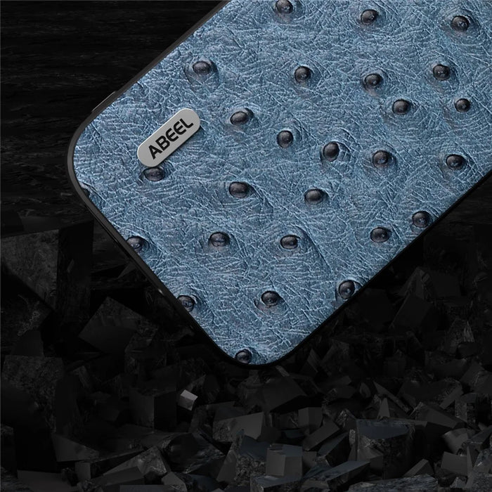 ABEEL Ostrich Texture Phone Case for iPhone 15 Pro Genuine Cow Leather Coated PC+TPU Cover - Blue - 4