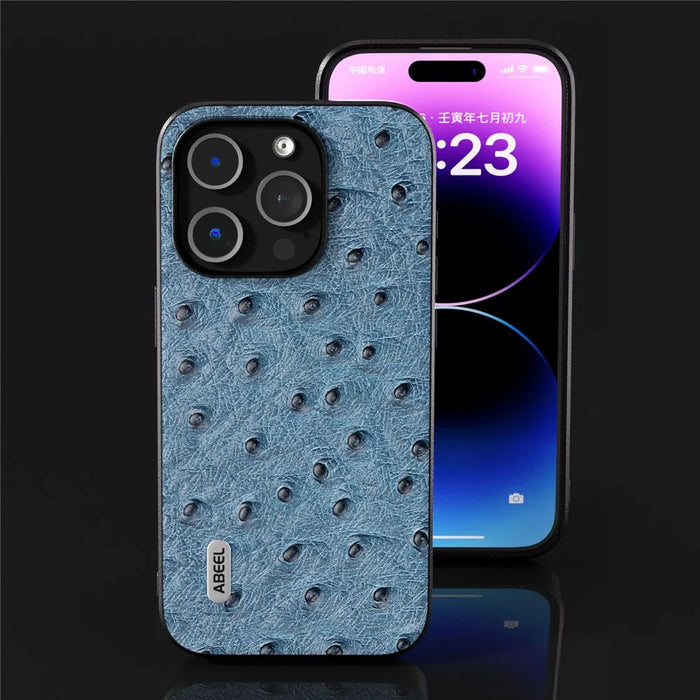 ABEEL Ostrich Texture Phone Case for iPhone 15 Pro Genuine Cow Leather Coated PC+TPU Cover - Blue - 5
