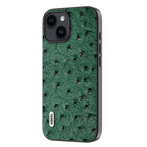 ABEEL For iPhone 15 Plus Ostrich Texture Anti-drop Cover Genuine Cow Leather Coated PC+TPU Phone Case - Green - 1
