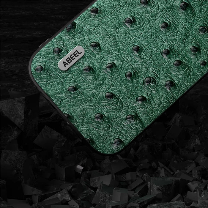 ABEEL For iPhone 15 Plus Ostrich Texture Anti-drop Cover Genuine Cow Leather Coated PC+TPU Phone Case - Green - 3