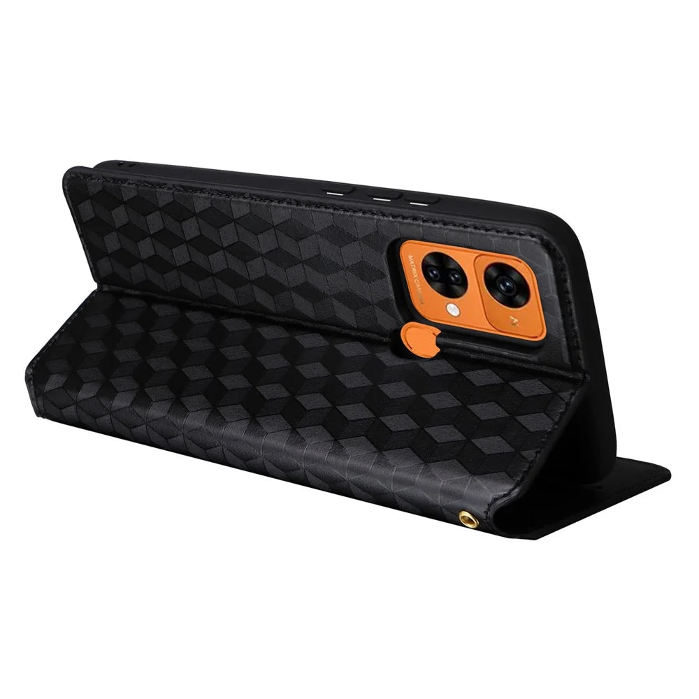 Rhombus Imprinted Shell for Oukitel C33 PU Leather Phone Cover Shockproof Stand Case - Black - 4