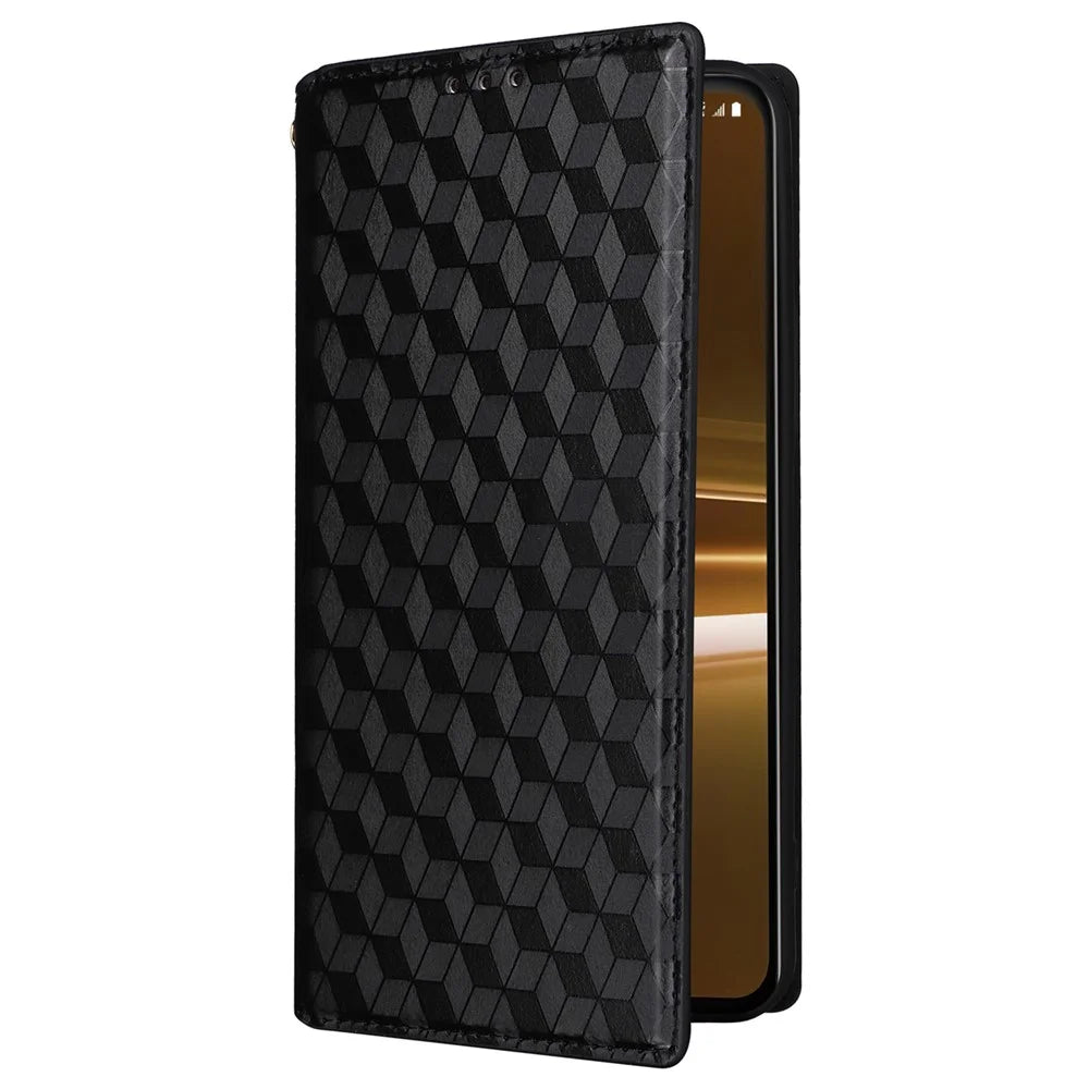 Rhombus Imprinted Shell for HTC U23 / U23 Pro 5G PU Leather Bump Proof Phone Cover Stand Case - Black - 5