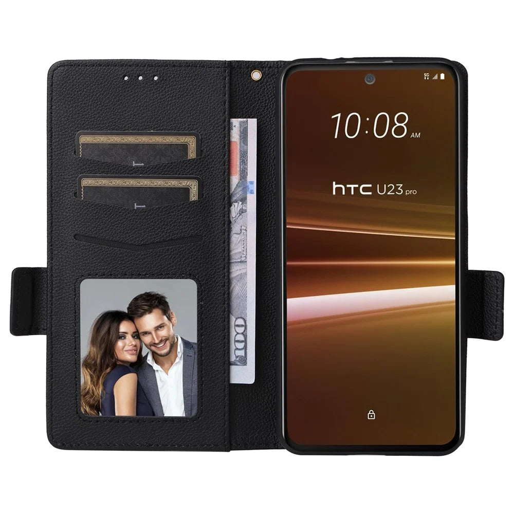 Phone Case for HTC U23 / U23 Pro 5G Litchi Texture Wallet Stand PU Leather Cover - Black - 2