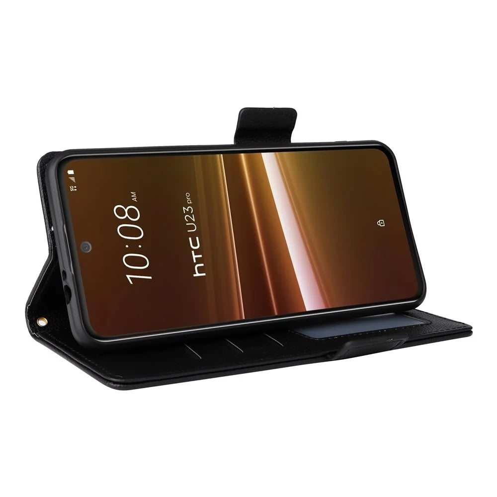 Phone Case for HTC U23 / U23 Pro 5G Litchi Texture Wallet Stand PU Leather Cover - Black - 3