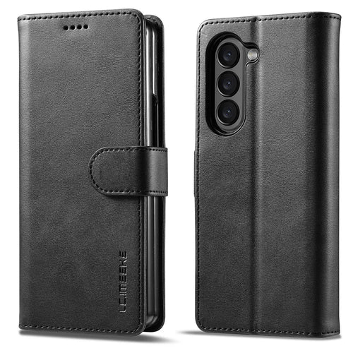 LC.IMEEKE For Samsung Galaxy Z Fold5 5G Wallet Leather Phone Case Stand Calf Texture Phone Cover - Black - 1