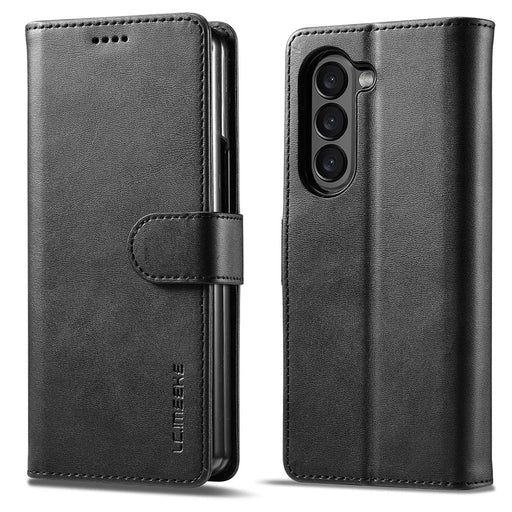 LC.IMEEKE For Samsung Galaxy Z Fold5 5G Wallet Leather Phone Case Stand Calf Texture Phone Cover - Black - 1