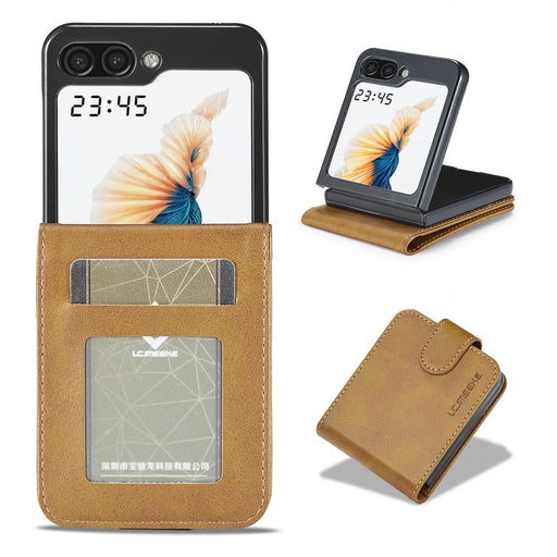 LC.IMEEKE For Samsung Galaxy Z Flip5 5G PU Leather Phone Case Card Holder Calf Texture Stand Cover - Yellow - 1