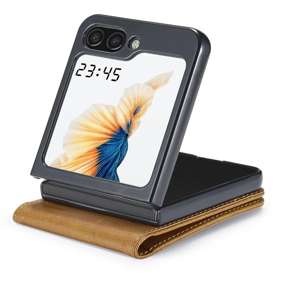 LC.IMEEKE For Samsung Galaxy Z Flip5 5G PU Leather Phone Case Card Holder Calf Texture Stand Cover - Yellow - 3