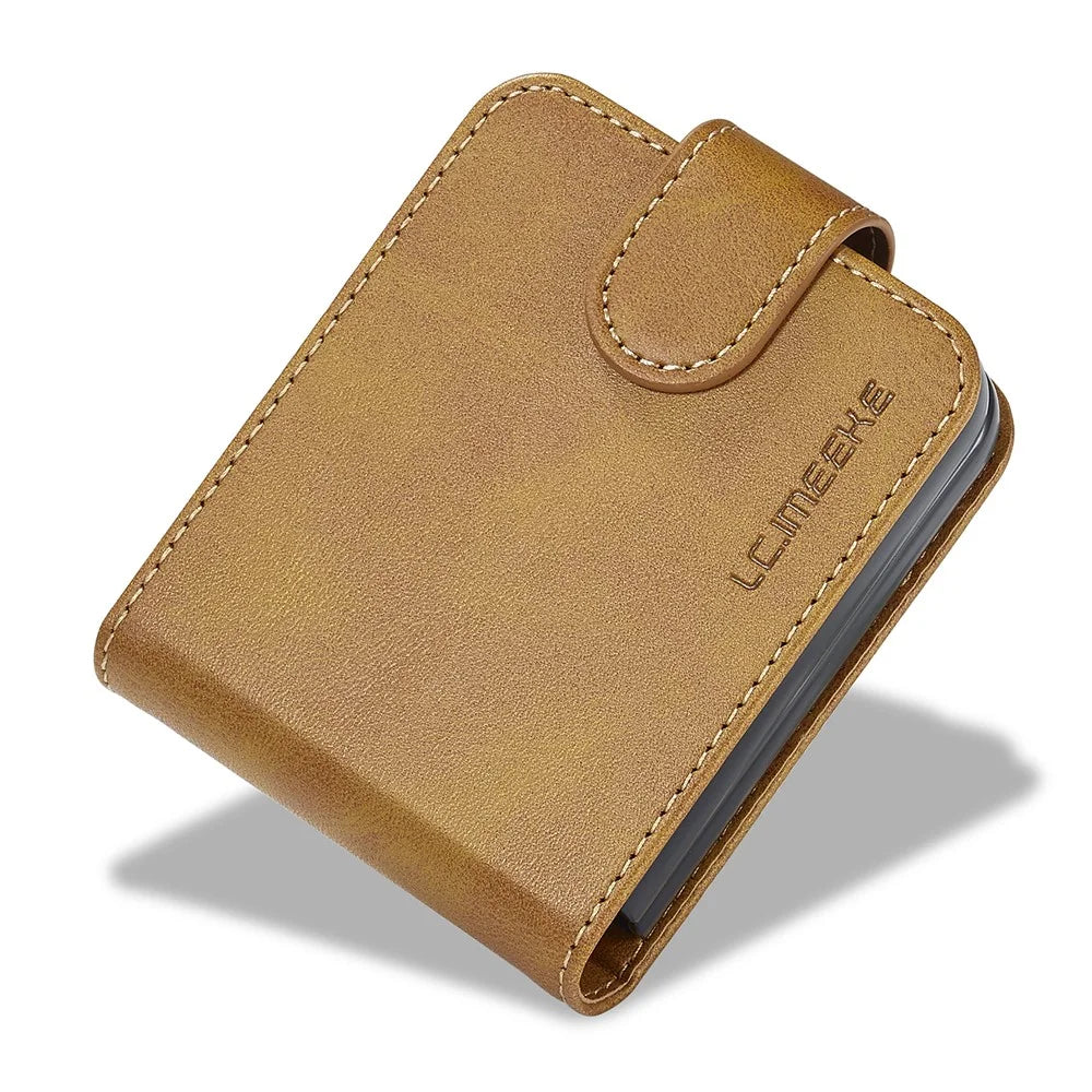 LC.IMEEKE For Samsung Galaxy Z Flip5 5G PU Leather Phone Case Card Holder Calf Texture Stand Cover - Yellow - 5