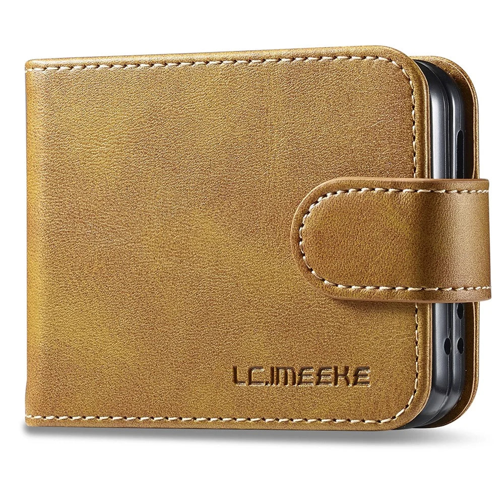 LC.IMEEKE For Samsung Galaxy Z Flip5 5G PU Leather Phone Case Card Holder Calf Texture Stand Cover - Yellow - 7