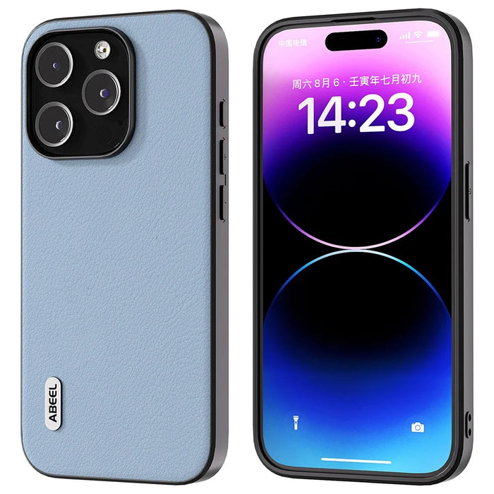 ABEEL For iPhone 15 Pro Max Shockproof Phone Case Genuine Cow Leather+PC+TPU Protective Cover - Blue - 1