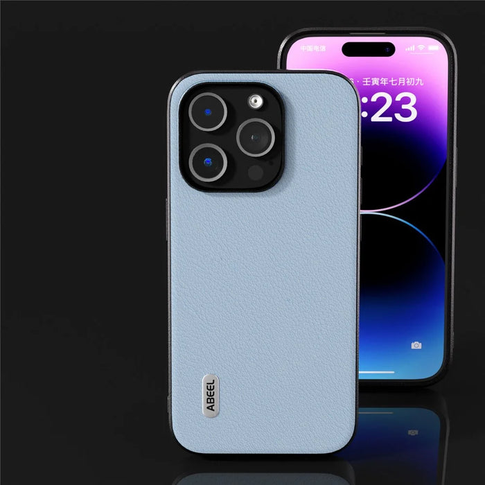 ABEEL For iPhone 15 Pro Max Shockproof Phone Case Genuine Cow Leather+PC+TPU Protective Cover - Blue - 2