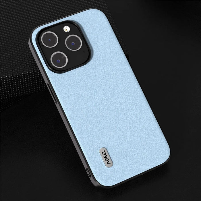 ABEEL For iPhone 15 Pro Max Shockproof Phone Case Genuine Cow Leather+PC+TPU Protective Cover - Blue - 3