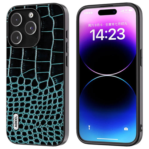 ABEEL For 	iPhone 15 Pro Max Phone Case Genuine Cow Leather+PC+TPU Crocodile Texture Cover - Blue - 1