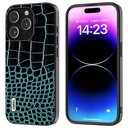 ABEEL For 	iPhone 15 Pro Max Phone Case Genuine Cow Leather+PC+TPU Crocodile Texture Cover - Blue - 1