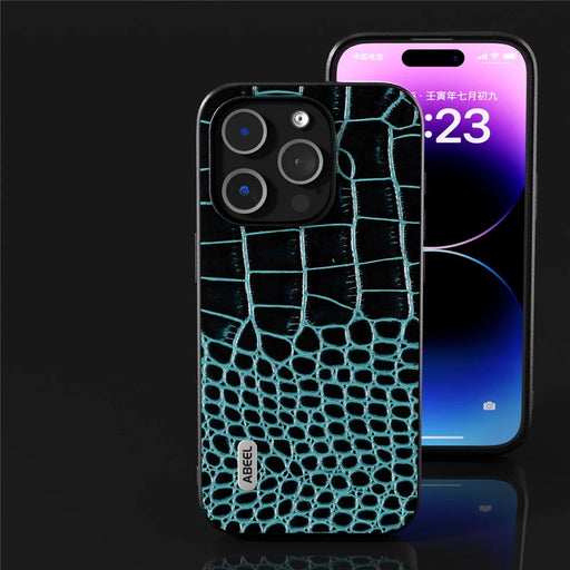 ABEEL For 	iPhone 15 Pro Max Phone Case Genuine Cow Leather+PC+TPU Crocodile Texture Cover - Blue - 2